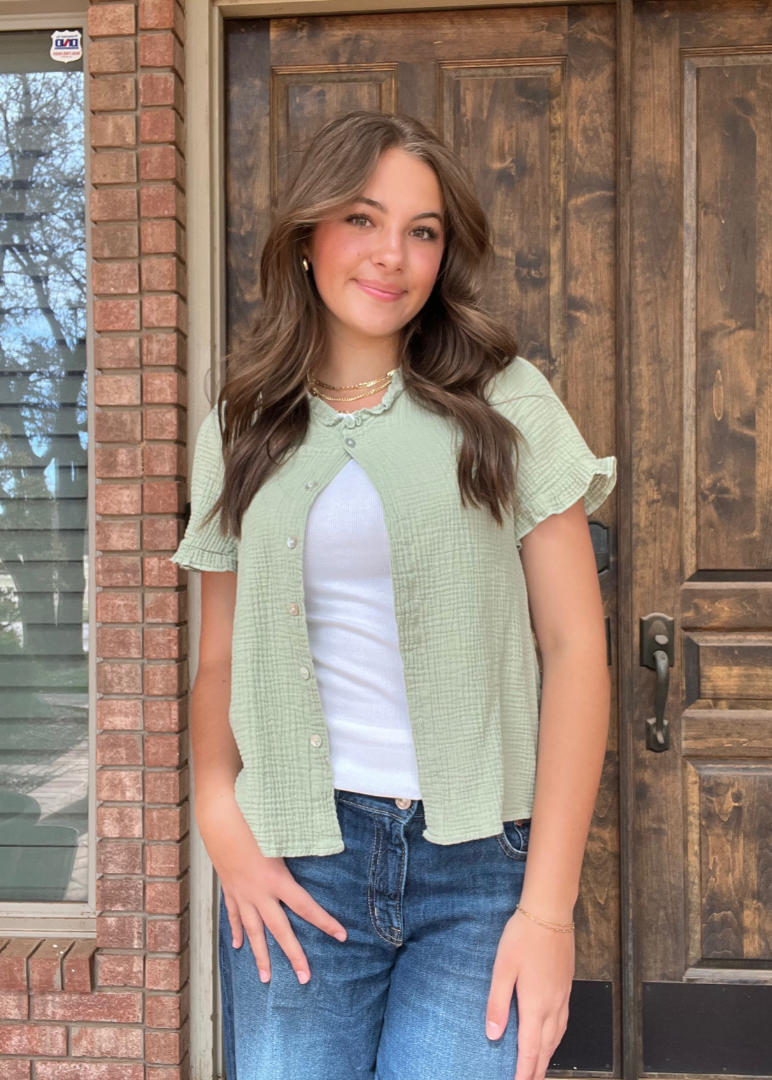 Sage green ruffle top - S